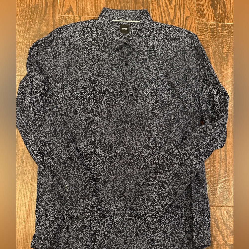 Hugo Boss Men’s Long Sleeve Button Up Shirt Blue Printed Large